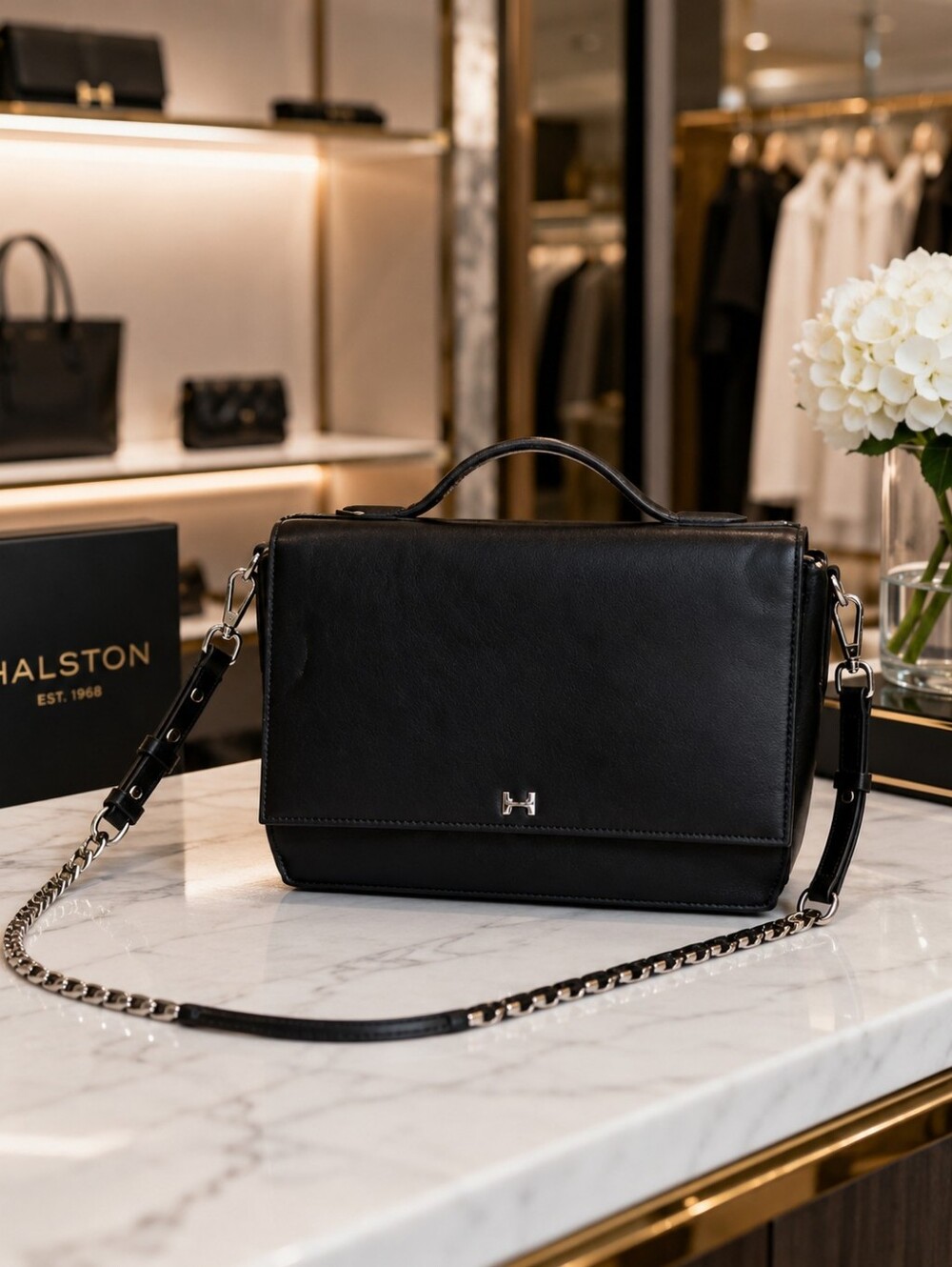 Halston Black Front Flap Leather Crossbody Bag with Top Handle